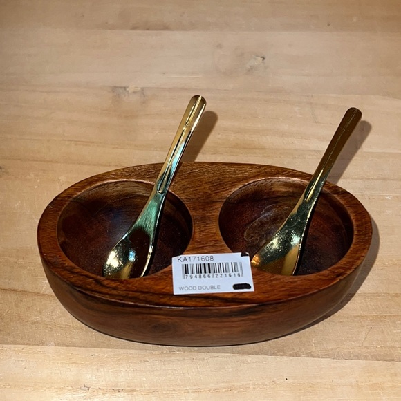Karma acacia wood double pinch bowl with brass spoons - NWT - Picture 11 of 16